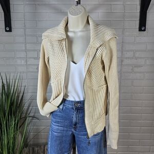DKNY Cream Zip Up Knit Cardigan Sweater With Collar Medium